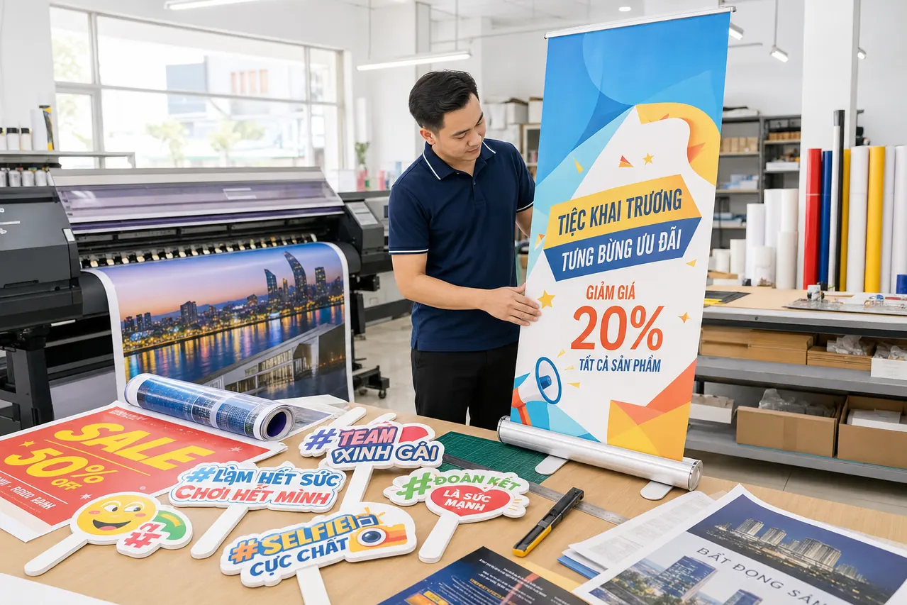 Nhân viên xưởng in gia công standee, hashtag cầm tay và sản phẩm in quảng cáo